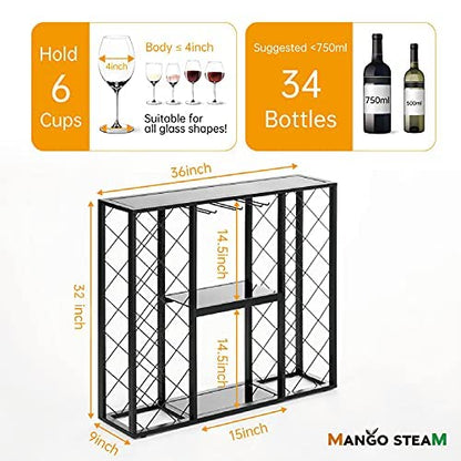 Mango Steam Wine Rack Console with Glass Table Top (34 Bottle, Black) - color: Black, size: 34 Bottle