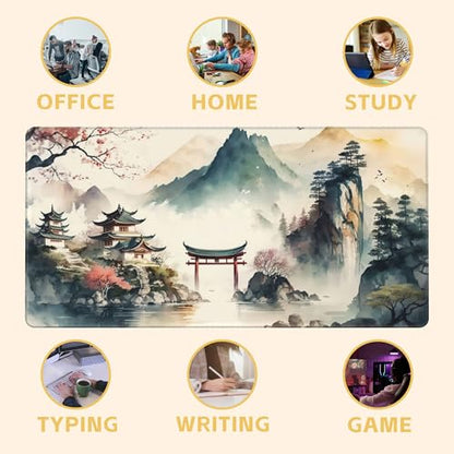 Japanese Mountain Desk Mat Large Mouse Pad Gaming Mousepad 31.5 x 15.8 in | Desk Pad for Keyboard and Mouse, Large Non-Slip Rubber Base Mousepad Desk Mat with Stitched Edges for Gaming Office - color: Japanese Lake and Mountains