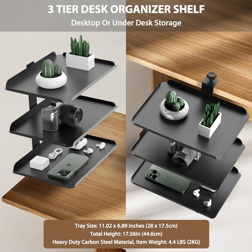 3 Tier Clamp On Desk Shelf, No Drill Desk Extension Shelving Unit with Adjustable Metal Trays & Headphone Stand Above or Under Desk Storage, Heavy Duty Desktop Storage Rack for Home Office