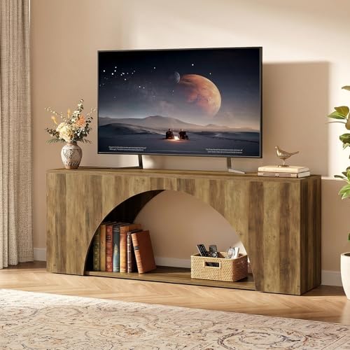 Tribesigns 63" TV Stand for 55/60/65/75 Inches TV, 2-Tier Farmhouse Television Stands with Arched Open Storage, Entertainment Center Media Console for Living Room & Bedroom, Brown