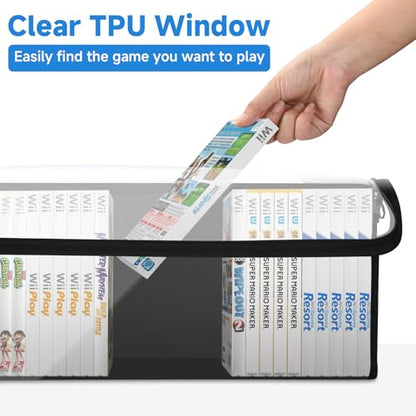 Game Disc Storage Bag Compatible with Wii PS2 Xbox 360 Games | Portable Carrying Case Holds 37 Discs Boxes, Clear TPU Organizer Bag, Compatible with Wii U Gamecube Standard DVD Case, Black