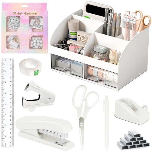 COMFYROOM Desk Accessories with Pen Holder, Office Supplies Desk Organizers and Accessories, Tape Dispenser, Stapler, Staple Remover, Staples, Clips Set, Ruler, Scissor, Pen, Tape (White) - color: Desk Accessories Office Supplies-White