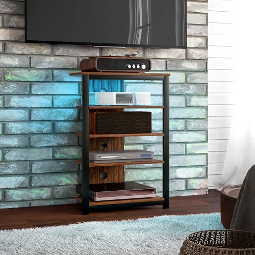 HOMCOM Media Stand with LED 4-Tier Audio Rack AV Media Corner Shelf with Cable Management for DVD Players Game Console TV Box Cable Box Xbox WiFi Router, Brown - color: Brown, style: With LED Lights