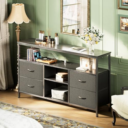 Huuger 47 Inch TV Stand Dresser with Power Outlets and LED Lights | Entertainment Center with 4 Drawers, PU Finish, Grey and Black, Dresser for 55 50 Inch TV, Open Shelf, Media Console - color: Grey and Black, size: 47.2 Inches