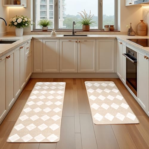 Moroccan Trellis Cream Checkered Kitchen Rug Sets [2 PCs], Anti-Fatigue, Waterproof Non-Slip Kitchen Mats Heavy Duty Ergonomic Comfort Foam Rug for Floor, Home, Laundry,17"x29"+17"x47" - color: Trellis-cream, size: 17.3"x29"+17.3"x47"-0.4"H