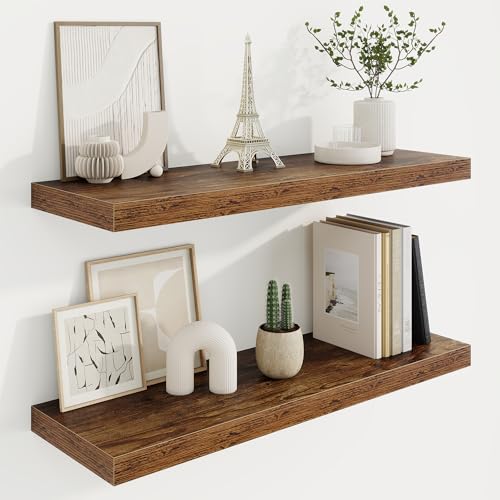 Marsmiles 30in Floating Shelves for Wall, 30" W x 9.25" D x 1.25" H, 2 Pack Long Wall Mounted Engineered Wood Shelves with Invisible Brackets for Living Room, Bedroom, Bathroom, Kitchen, Rustic Brown - color: Rustic Brown With Invisible Metal Brackets, si