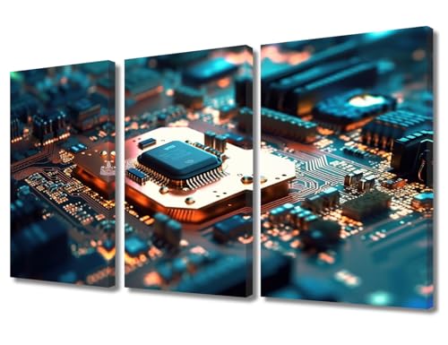Computer Chip Wall Art for Living Room 3 Panels Circuit Board Posters & Prints Wall Art Smart Chip Wall Decor for Bedroom Canvas Paintings Art Prints Stretched Framed Ready to Hang (36"Wx24"H) - color: Artwork-07, size: 36"Wx24"H