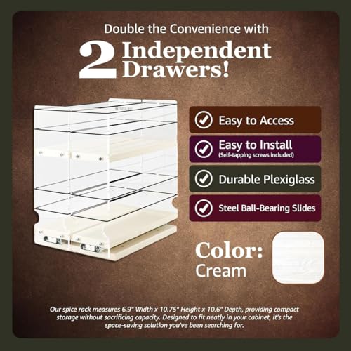 Vertical Spice - Large Pullout Sliding Spice Rack Organizer - 2 Individual 2 Tier Drawers - Premium Rolling Seasoning Holder/Caddy for Hidden Pantry Storage - Made in USA (6.9''W x 10.75" H x 10.6''D) - color: 2-3.25" Drawers, 2-Tier Cream Partially Assem