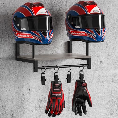 Automotive Helmet Holder Wall Mount, Solid Wood and Metal Helmet Rack with 4 Glove Clips, Motorcycle Accessories Gear Storage Organizer for Entryway or Garage - color: Vintage Grey