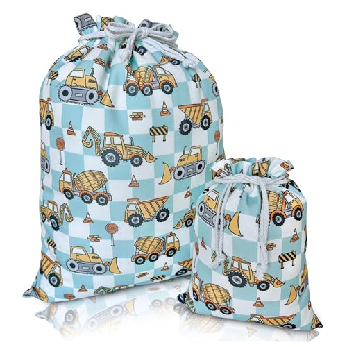 Gather & Knot Drawstring Gift Bags | 20" Large 12" Small | Premium Canvas | Reusable Fabric Wrap for Boys Birthdays, Baby Shower | Construction - color: Construction