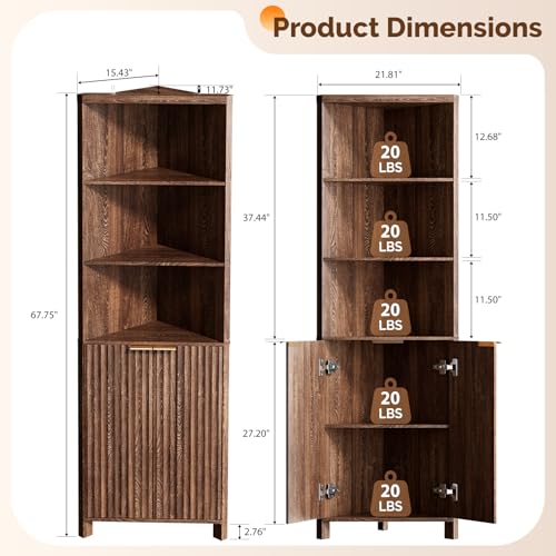 VINGLI Tall Corner Cabinet with Fluted Doors, 68" Walnut Corner Storage Cabinet with Adjustable Shelves, Freestanding Wood Corner Bookshelf for Bathroom, Living Room & Kitchen, Space-Saving - color: Dark Walnut, size: 68"H Corner Cabinet