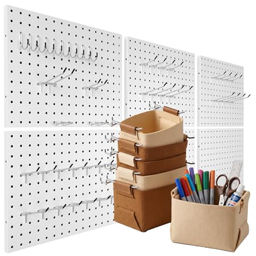 Spampur 6 Pack Peg Board Organizer, Includes Metal PegBoard and Accessories | White Pegboard Panels with 50 Pcs Hooks and Baskets, Wall Organization for Office, Craft Room, Ornaments Display, Sewing Room - color: White, size: 16x12''- 6 Pcs