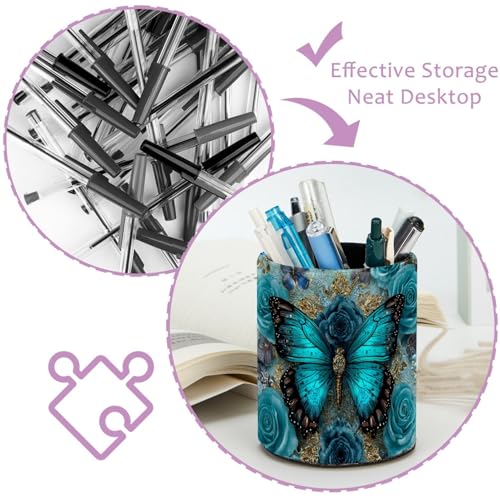 Navy Blue Butterfly Pen Holder Pencil Organizer for Desk, 3.1”x3.1”x3.9” Pencil Cup Office Supplies, Large Capacity Cute Pen and Makeup Brush Holder for School, Desktop - color: Navy Blue Butterfly