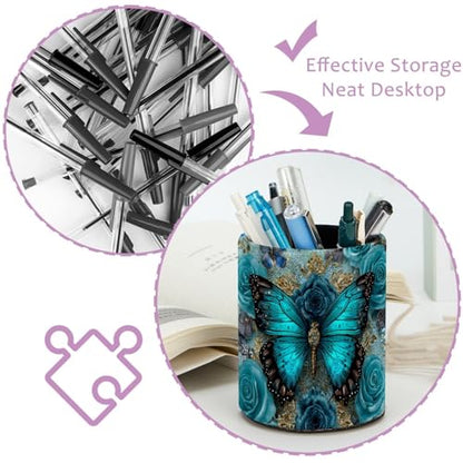 Navy Blue Butterfly Pen Holder Pencil Organizer for Desk, 3.1”x3.1”x3.9” Pencil Cup Office Supplies, Large Capacity Cute Pen and Makeup Brush Holder for School, Desktop - color: Navy Blue Butterfly