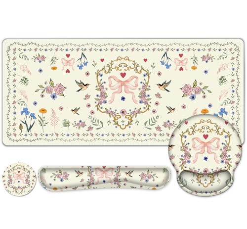 Off-White Mouse Pad, Cute Large Desk Mat Extended Nature Aesthetic Deskpad, 4 PCS Non-Slip Rubber Base Computer Mouse Pads for Work, Game, Office, Home Decor Gifts I Heart Bow & Floral Magpie - color: Heart Bow & Floral Magpie
