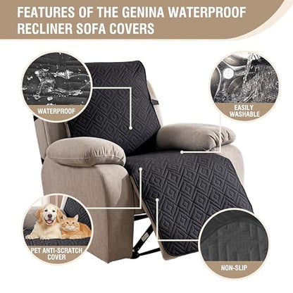 Genina Waterproof Oversized Recliner Chair Covers - 100% Protection, Non-Slip, Washable Recliner Slipcover for Larger Recliners, Kids & Pets Friendly【28'' /Black】 - color: Black, size: 28 in （Oversized 1 Seater）