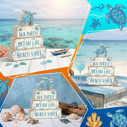 4 Pcs Summer Sea Turtle Bathroom Decor Summer Ocean Table Decorations Beach Tiered Tray Decor Coastal Wooden Signs Shelf Sitter Save The Sea Home Kitchen Office Decorations - style: Turtle