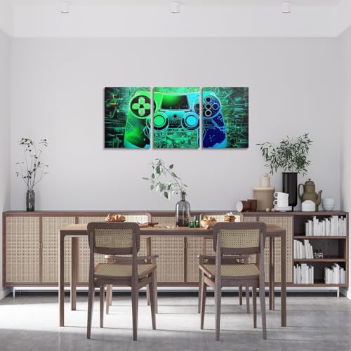 Feelyou 3 Piece Green Blue Gamer Canvas Wall Art for Living Room Tech Line Gaming Picture Wall Decor for Dining Room Bedroom Bathroom Game Lovers Wall Art Kitchen Print Painting for Home Decor - color: Green Blue