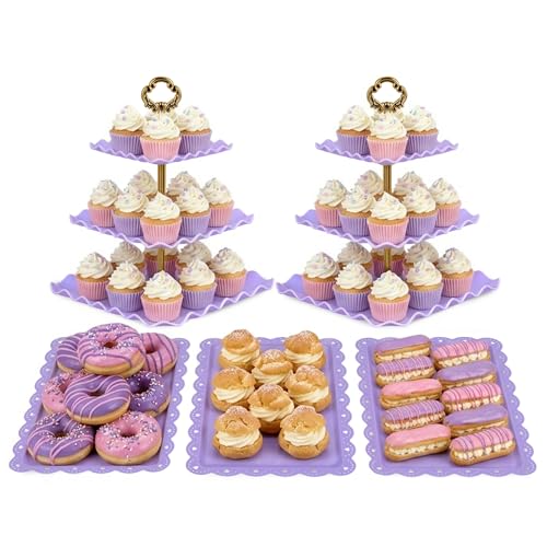 NWK 5 Piece Cake Stand Set with 2 x Large 3-Tier Cupcake Stands, 3 x Appetizer Trays, Perfect for Hosting Wedding Birthday Baby Bridal Shower Tea Party Decorations (Purple) - color: Purple