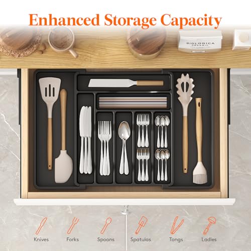 Lifewit Utensil Organizer for Kitchen Drawer, Expandable Cooking Silverware Tray, Adjustable Cutlery Flatware Holder, Plastic Spatula Tools Storage Divider, 13-22.4 x 15", Black - color: Black, size: XL (13-22.4"W × 15"D )