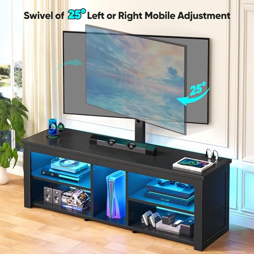 TV Stand with Mount for 55/65 Inch TVs,Wood TV Stands for Living Room with Power Outlet & LED Entertainment Center Gaming Console for Bedroom, Height Adjustable Swivel TV Mount, Carbon Fiber Black - color: Black