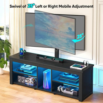 TV Stand with Mount for 55/65 Inch TVs,Wood TV Stands for Living Room with Power Outlet & LED Entertainment Center Gaming Console for Bedroom, Height Adjustable Swivel TV Mount, Carbon Fiber Black - color: Black