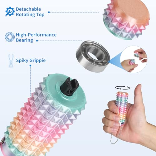 Little Ouchies Pain Stim Fidget Toy, 3D Printed Pocket Spiky Keychain with Clicker Button Spinner Sensory Toys for Anxiety Focus & Stress Reduction Novelty Gifts(Rotate Rainbow) - color: Rotate Rainbow