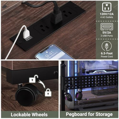 Besiost Computer Tower Stand with Power Strips, 4 Levels Manual Height Adjustable PC Tower Stand for Under Desk, Mobile Rolling CPU Holder, Computer Cart with Wheels, 24", Black Walnut - color: Black Walnut, size: 24"