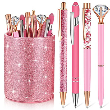 Sabary 8 Pcs Pink Pens with Pen Holder for Desk Glitter Crystal Diamond Cute Ballpoint Fancy Pencil Holder Bling Desk Organizer for Women Girls School Office Supplies Wedding Graduation Gifts - color: Pink