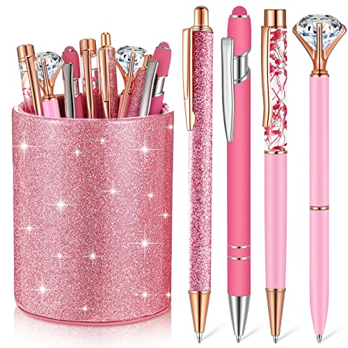 Sabary 8 Pcs Pink Pens with Pen Holder for Desk Glitter Crystal Diamond Cute Ballpoint Fancy Pencil Holder Bling Desk Organizer for Women Girls School Office Supplies Wedding Graduation Gifts - color: Pink