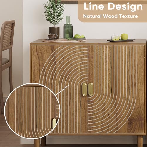 Smuxee Walnut Sideboard Cabinet, Freestanding Buffet Cabinet with Line Groove Design, Wood Storage Cabinet with Adjustable Shelf for Living Room, Entryway, Hallway - color: Walnut