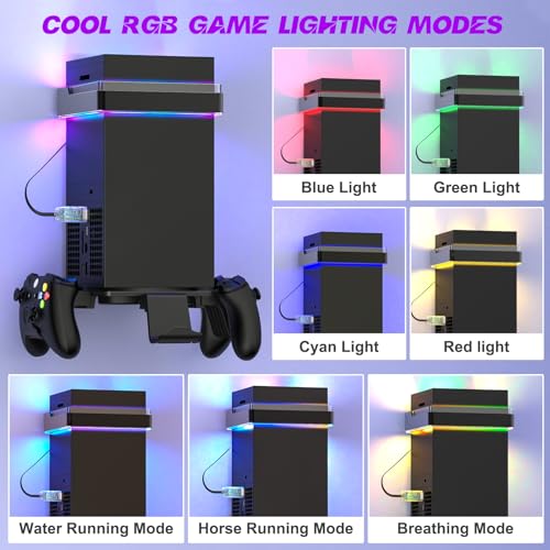 Wall Mount for Xbox Series X/S-Wall Mount Kit with 2 Controller Holder &1 Headset Stand & RGB Light, Xbox series X/S Wall Mounted Bracket Shelf Stand- Safely Organize Your Xbox X/S Series Accessories - color: Grey