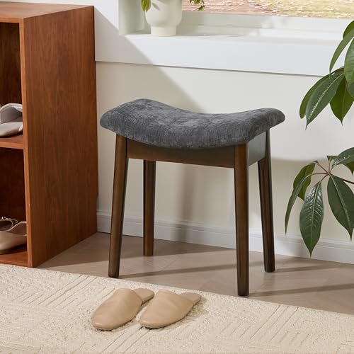 Royal Windsor Vanity Stool with Saddle Cushion, 18 Inch Makeup Vanity Chair for Living Room, Modern Foot Stool Ottoman Piano Bench,Small Upholstered Bench for Bedroom, Dark Grey - color: 10.2"d Dark Grey+walnut