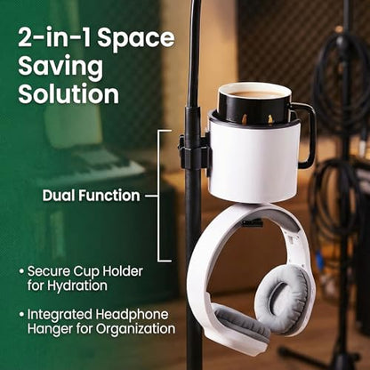 2-in-1 Microphone Stand Cup Holder with Headphone Hanger, Vertical Mount Clamp for Musicians, Studios, Live Performance, Professional Audio Accessories