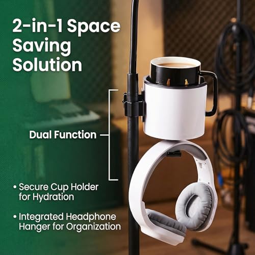 2-in-1 Microphone Stand Cup Holder with Headphone Hanger, Vertical Mount Clamp for Musicians, Studios, Live Performance, Professional Audio Accessories