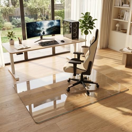 Tempered Glass Chair Mat for Hardwood Floor, 36" x 55" Heavy Duty Glass Office Chair Mat, for Low Pile Carpet, 0.2" Thick with 4 Non-Slip Pads, Smooth Rolling for Home & Office - size: 36" x 55"