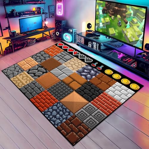 Game Rug Teen Boys Carpet with Pixel Game Floor Wall Element Decoration Mat, 8 Bit Old Games Rugs for Boy’s Bedroom Living Room Playroom, Non-Slip Children Gaming Area Rugs (79" x 59") - color: Wall Pixel Rug, size: 4'11" x 6'7" (Rectangular)