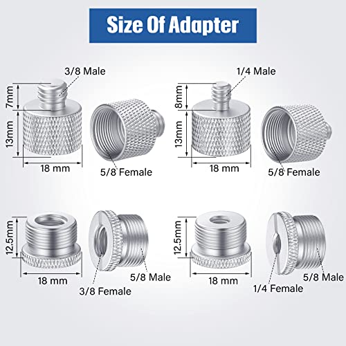 Moxweyeni 8 Pcs Mic Stand Adapter 5/8 Female to 3/8 Male, 3/8 Female to 5/8 Male, 5/8 to 1/4 and 1/4 to 5/8 Screw Mic Thread Adapter Set for Microphone(Silver) - color: Silver