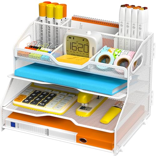 4 Tier Desk Orgnizers and Accessories, Metal Magazine File Holder with Pencil Holder and Handles, Space Saving Desk File Trays for School Office Supplies(White) - color: 4-tier-white