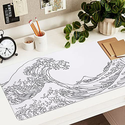 iCasso White Mouse Pad, Extended Gaming Mouse Pad (35.4x15.7 in), Large Stable Rubber Base Mousepad with Stitched Edges, Keyboard Mouse Mat Desk Pad for Work, Game, Office, Home - color: White Wave of Kanagawa