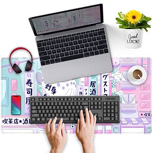 Pastel Tokyo Street Cute Desk Mat - Kawaii Anime Japanese Large Gaming Mousepad - Beige Desktop Laptop Keyboard Mouse Pad - City Aesthetics for Women Girl 31.5x15.75 in - color: Pastel Tokyo Street