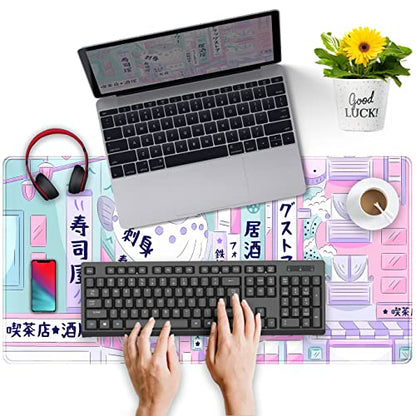 Pastel Tokyo Street Cute Desk Mat - Kawaii Anime Japanese Large Gaming Mousepad - Beige Desktop Laptop Keyboard Mouse Pad - City Aesthetics for Women Girl 31.5x15.75 in - color: Pastel Tokyo Street