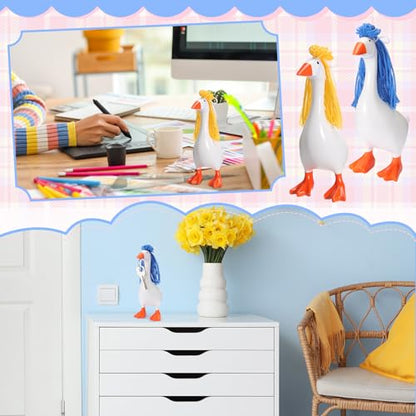 Suncalla 6 Pcs Mini Desk Goose Wigs Hand Knitted Goose Outfits 7'' Desk Geese Braid Accessories Wig Crochet Hook Wig for Xmas Gift 7 Inch Geese Figurine Desktop Home Decoration