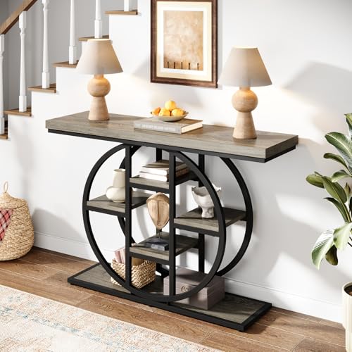 Celaform 41" Console Table, 4-Tier Entryway Table with Circle Base, Industrial Narrow Wood Sofa Accent Tables with Storage Shelves for Living Room, Hallway, Foyer (Grey) - color: Grey