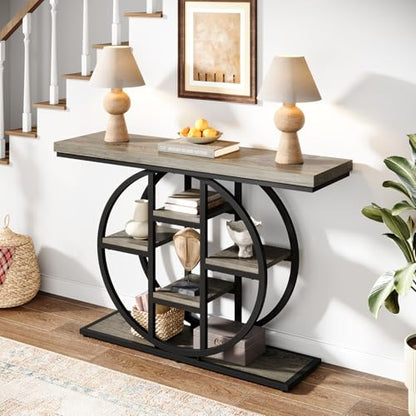Celaform 41" Console Table, 4-Tier Entryway Table with Circle Base, Industrial Narrow Wood Sofa Accent Tables with Storage Shelves for Living Room, Hallway, Foyer (Grey) - color: Grey