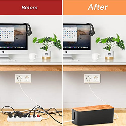 Cable Management Box 2 Pack with 16 Cable Clips Set-Large & Medium & Small Wooden Style Cable Organizer Box to Hide Wires&Power Strips | Cord Organizer Box | Cable Organizer for Home & Office [Black]