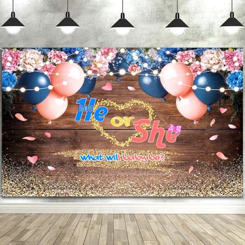7X5FT Baby Gender Reveal Backdrop He or She What Will Baby Be Pink Blue Floral Wooden Photography Background Party Decorations Cake Table Banner Decor Photo Studio Shoot Props - color: Pink Blue, size: 7X5FT