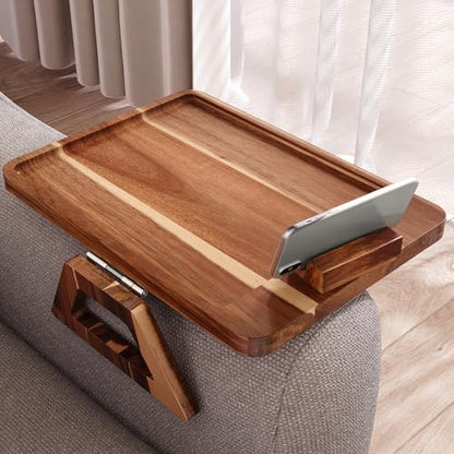 Acacia Wood Couch Arm Tray with 360°Phone Holder,Folding Sofa Armrest Tray,Couch Arm Table Clip-On Couch Desk for Drinks,Snacks,Phone,Remote Control - style: Phone Holder
