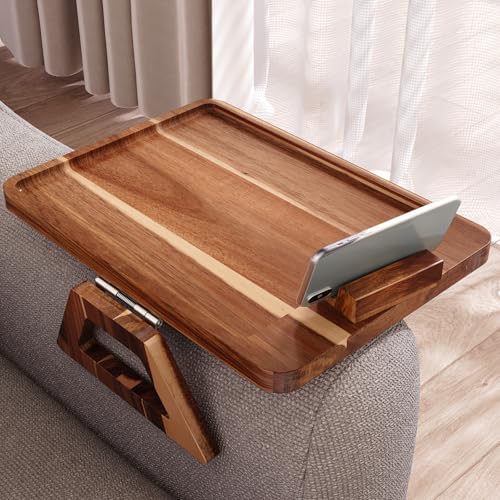 Acacia Wood Couch Arm Tray with 360°Phone Holder,Folding Sofa Armrest Tray,Couch Arm Table Clip-On Couch Desk for Drinks,Snacks,Phone,Remote Control - style: Phone Holder
