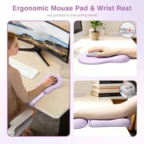 Ospelelf Mouse Pad with Wrist Rest Set Foam L-Shaped Desk Elbow Pad Ergonomic Desk Edge Cushion Anti-Slip Rubber Bottom Office Women Desk Accessories for Computer, Laptop and Gaming, Purple - color: Purple